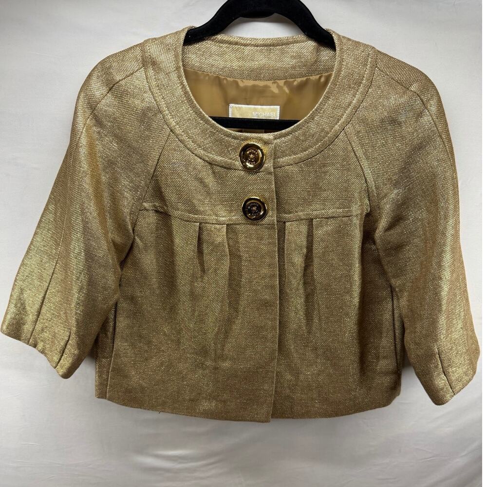 Michael Kors Gold Metallic Tweed Cropped Jacket BOHO Blazer-Petite Small